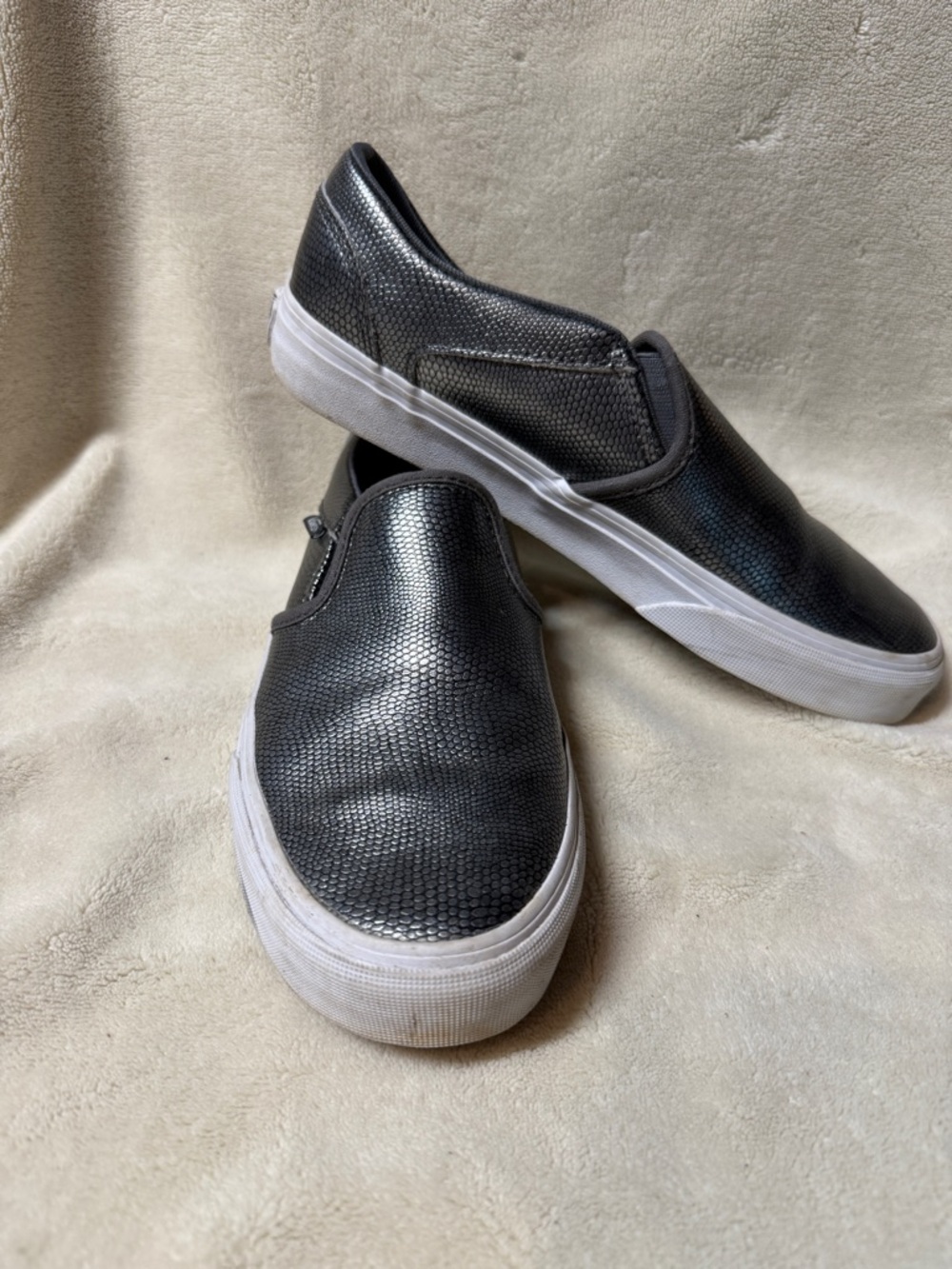 Vans Slip-On Sneakers in Silver Metallic Snakeskin